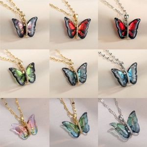 Butterfly Pendant Necklace Stainless Steel Copper Gradient Colorful Resin Inlaid Rhinestone Elegant Sweet Style Women