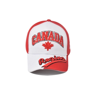 Red and white Canada baseball cap with maple leaf embroidery and Regina script detail