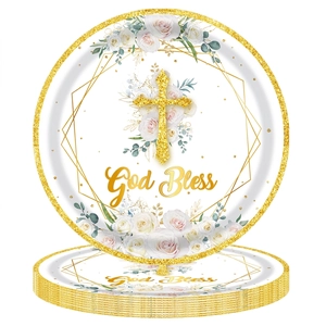 Close-up of disposable paper plate with floral God Bless cross design for parties