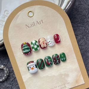 Christmas press-on nails set with 3D gingerbread man and winter reindeer hand-painted art