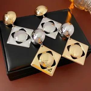 Geometric Drop Earrings For Women Alloy Hollow Square Round Contrast Color Minimalist With Silver Earring Post