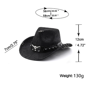 Detail view of black western cowboy hat showing cow head studs and 56-58cm sizing info