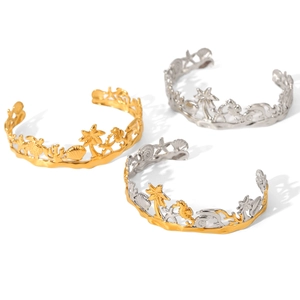 Minimalist stainless steel ocean cuff bracelets with sea turtle and palm tree charms