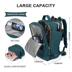 Travel backpack featuring a waterproof wet pocket and a separate bottom shoe compartment