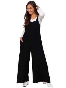 Women's black maternity overalls with wide legs and side pockets over a white top
