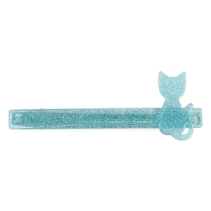 Detail of blue glitter acrylic hair clip featuring a cute cat-shaped design on white background