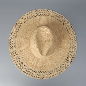 Wide-brimmed raffia jazz sun hat with openwork weave edge for summer beach fashion
