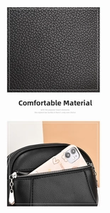 Detail of black pebbled PU leather bag showing comfortable fabric and front phone pocket
