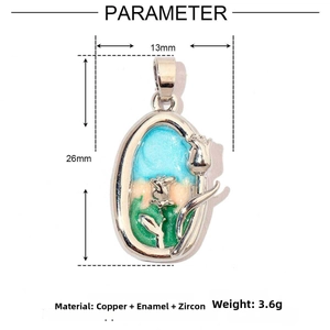 Detail of 18k gold-plated floral rabbit pendant showing dimensions of 13mm by 26mm