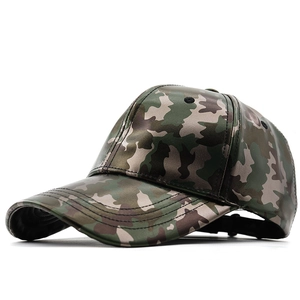 Green camouflage PU leather baseball hat with a 45-degree angle outdoor tactical view