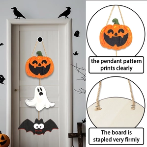 Detail of wooden Halloween door hanger with clear printed pumpkin and ghost patterns
