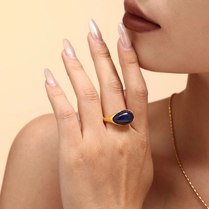 Retro 18k gold plated stainless steel ring with large teardrop purple resin stone