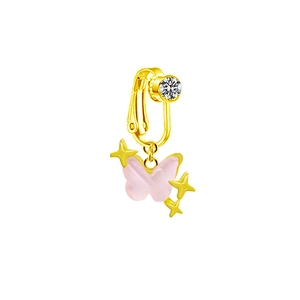 Vue détaillée du clip de nombril doré avec pendentif papillon rose brillant sans perçage