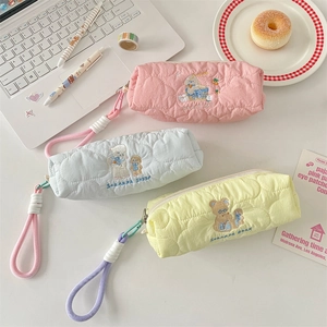 Quilted cartoon embroidery pencil cases in pink, blue, and yellow with animal patterns