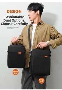Comparison of small and large black minimalist oxford messenger bags on a male model