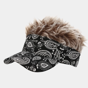 Paisley pattern baseball cap with brown synthetic hair wig attachment for men and women