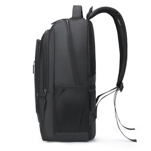 Side view of black travel backpack with mesh side pocket and breathable padded straps