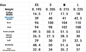 Detailed size guide table with measurements for short sleeve double-breasted top and pants