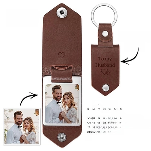 Custom photo leather keychain with personalized engraving and calendar date engraving