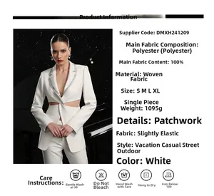 Detail of white hollow-out blazer with rhinestone embellishments and fabric specifications