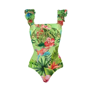 Detail of tropical floral and parrot print swimsuit with ruffled wide shoulder straps