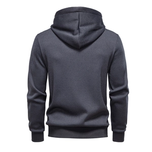 Back view of a premium men's heavy grey hoodie with fleece lining and ribbed hem