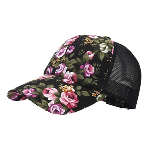 Women's floral mesh baseball cap with pink rose patterns and breathable sun protection