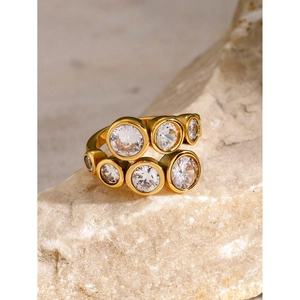 18k gold plated stainless steel open ring with irregular round zircon on natural stone