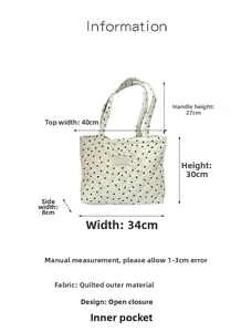 Dimensions détaillées du sac fourre-tout matelassé à cœurs avec mesures et texture crème