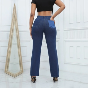 Damen Jeans mit hoher Taille in Dunkelblau und hellblau kontrastierter Gesäßtasche hinten