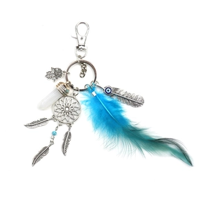 Bohemian Dreamcatcher Keychain With Natural Feather Hamsa Hand Evil Eye And Crystal Pendant Ethnic Bag Decoration Charm