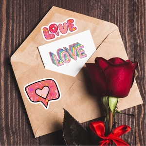 Close-up of holographic heart and LOVE stickers on craft envelope with red rose