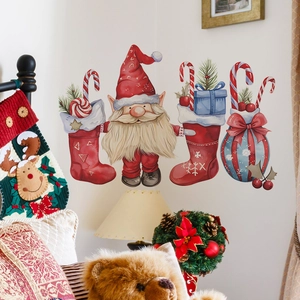 Christmas gnome wall stickers with red stockings and candy canes for holiday home decor