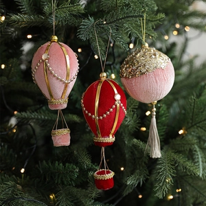 Velvet Christmas Tree Ornaments Hot Air Balloon And Glitter Ball Hanging With Gold Sequin Tassels And Artificial Pearl Decor