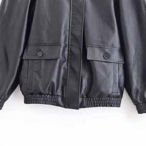Classic black PU leather bomber jacket with pocket details and ribbed hem for women