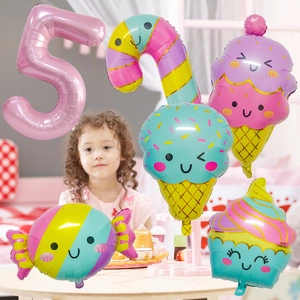 Colorful 5th birthday candy balloon set with ice cream and cupcake foil decorations