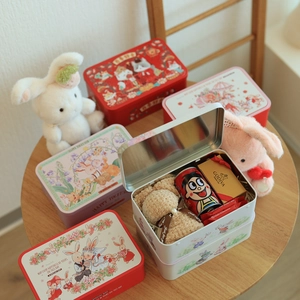 Christmas Tinplate Gift Box Rectangular Metal Storage Case With Flip Top Lid Cartoon Bunny Wedding Party Candy Cookie Packaging