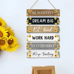 Rustieke houten wanddecoratie met 6 panelen, zonnebloemen en inspirerende citaten