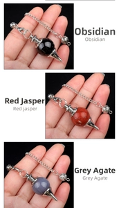Detailed views of Obsidian, Red Jasper, and Grey Agate gemstone pendulum pendants