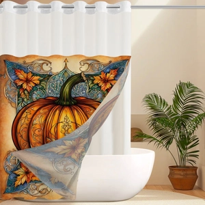 Tenda da doccia impermeabile di Halloween con zucca artistica e foglie autunnali