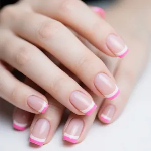 Close-up of pink French manicure tips with white and neon pink edges on square nails