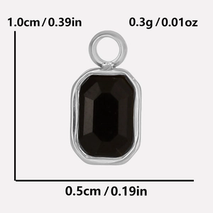 Detail of black rectangular glass stone pendant in silver frame with size dimensions