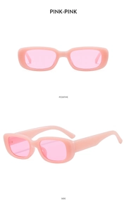 Front and side views of pink retro rectangular sunglasses with matte candy-colored frames
