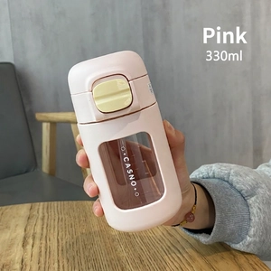 Pink 330ml CASNO glass bottle with straw, flip lid, and visible scale measurements
