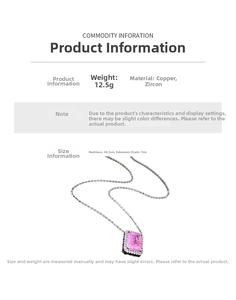 Macro detail of pink rectangle zircon pendant with copper chain dimensions and weight
