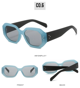 Detailed multi-angle views of square sunglasses with rivets and blue matte frames