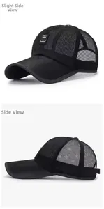 Detailed side view of breathable black mesh baseball cap with stylish textile logo patch
