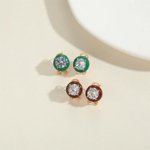 Chic vintage-style round stud earrings with green and brown crystals in gold-plated settings