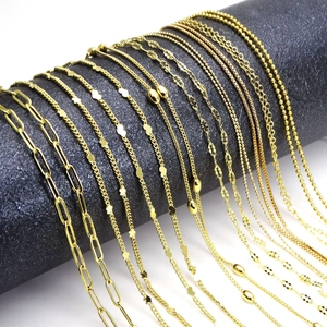 Collection of various golden necklace chains including box and cable styles for DIY jewelry