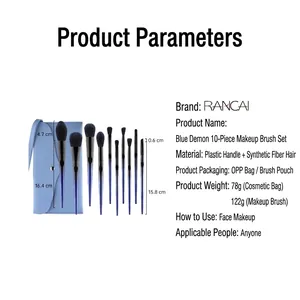 RANCAI 10pcs professional blue gradient makeup brush set with storage pouch and fiber bristles